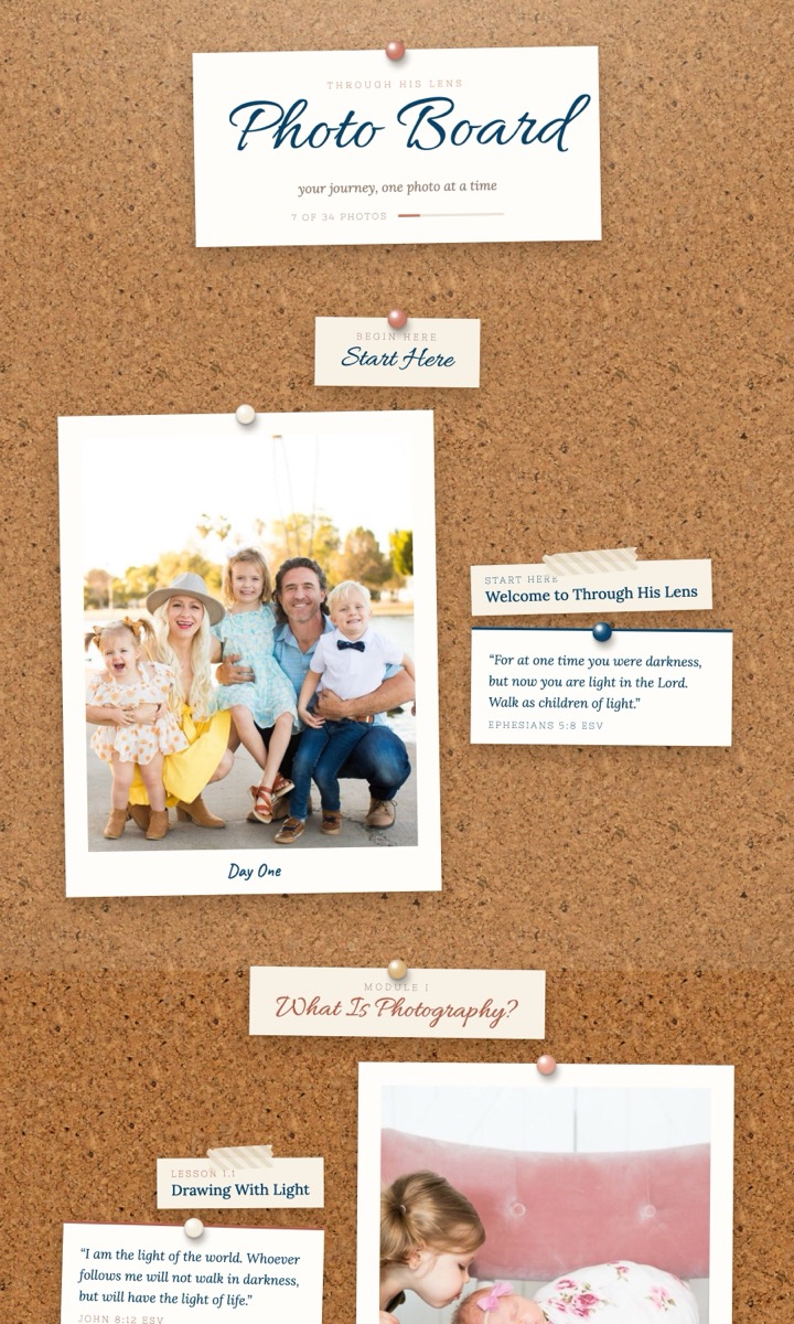 The Photo Board: a corkboard of pinned photos, verses and reflections